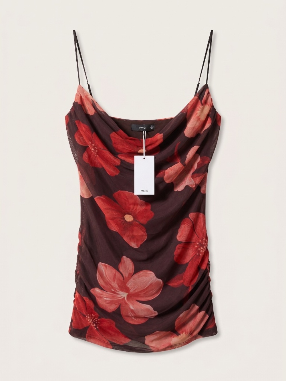 NWT MANGO Floral Mesh Draped Cowl Neck Cami Top in Brown Red - Size S